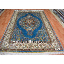 6X9 Blue Persian Design Handmade Silk Carpet for Living Room with Fringe